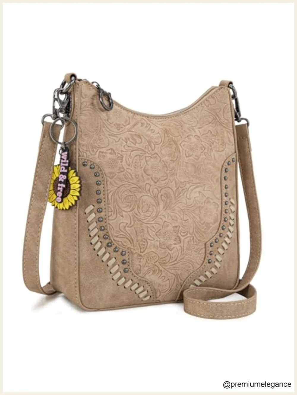Leather Western Tooling Crossbody Hobo Bag with Whipstitch